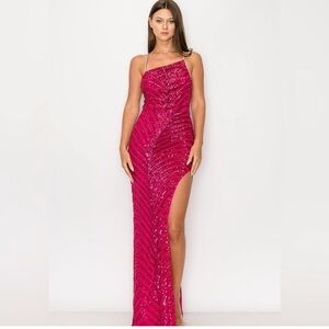 New MINUET Pink Kiara Rhinestone Sequin Slit Gown Pageant Formal small